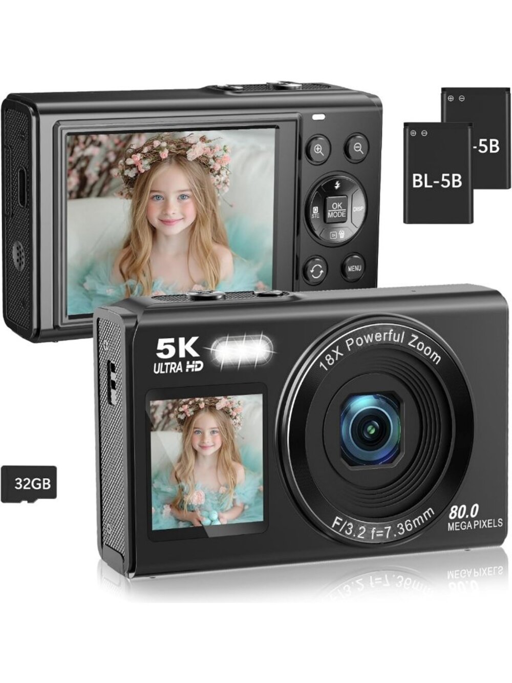 High-Resolution 5K Digital Camera for Vlogging & Photography, 80MP, Dual Screen